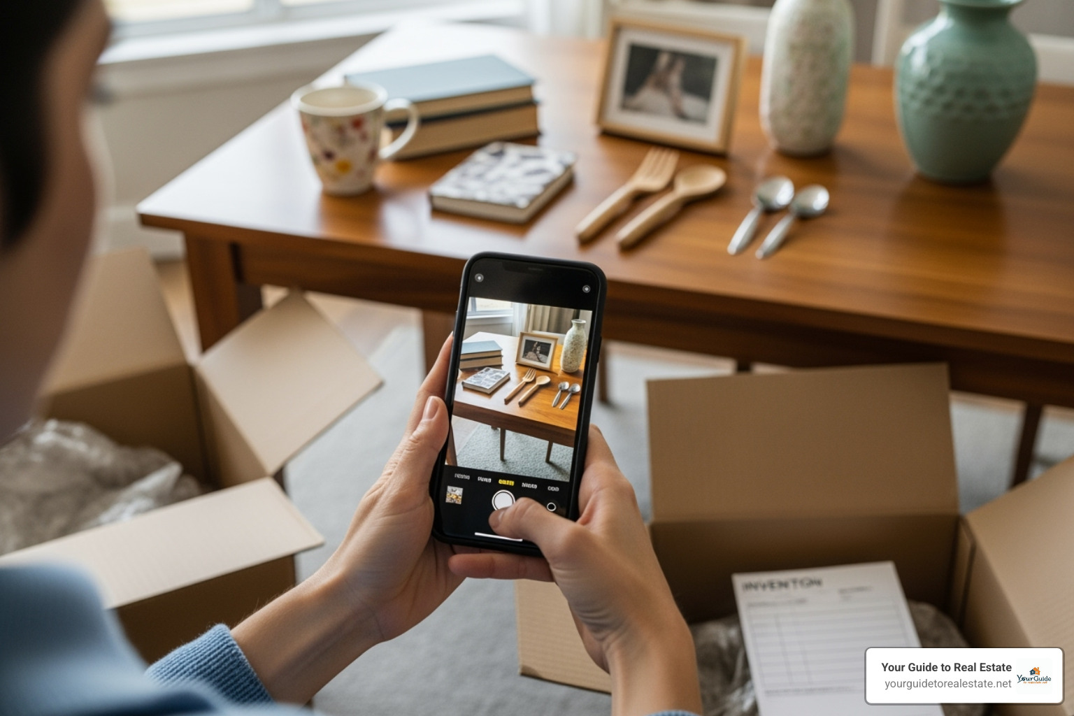 someone taking inventory of items with a smartphone before packing them in a box - does renters insurance cover storage units
