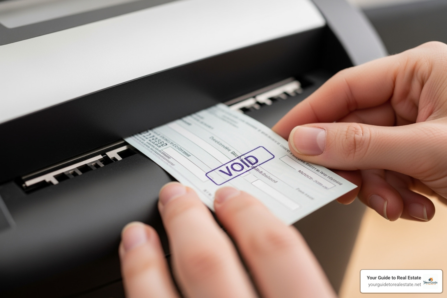 Person shredding a voided check to prevent fraud - how to write out a check