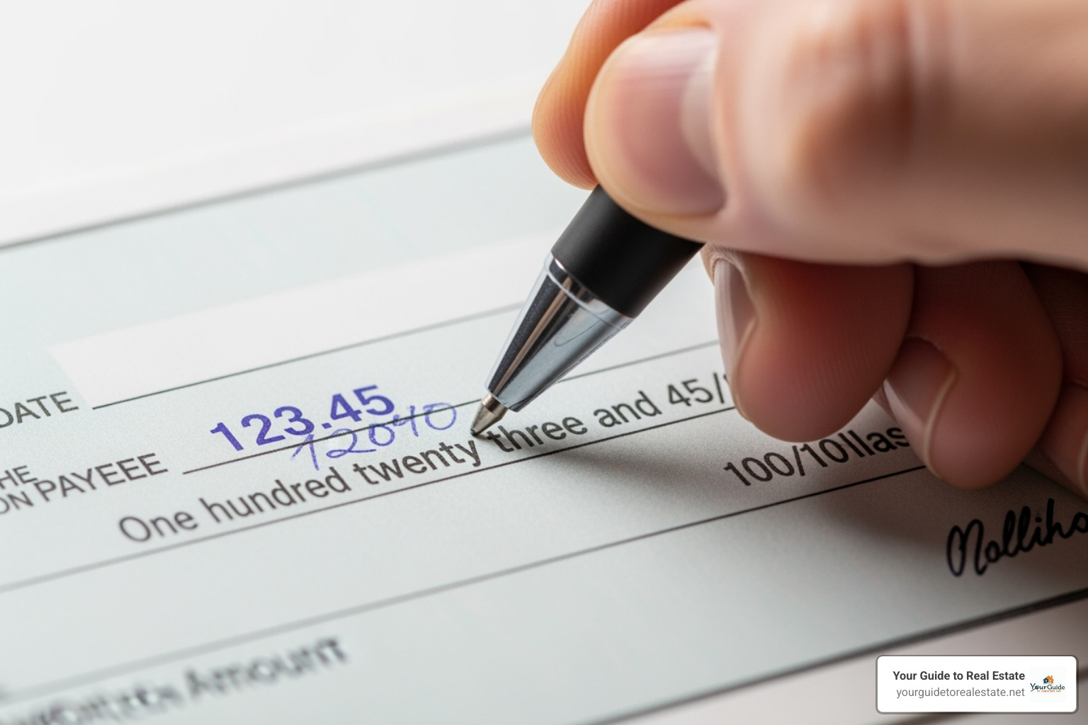 Close-up image of a hand using a pen to correctly fill out the date, payee, numerical amount, and written amount on a blank check - how to write out a check