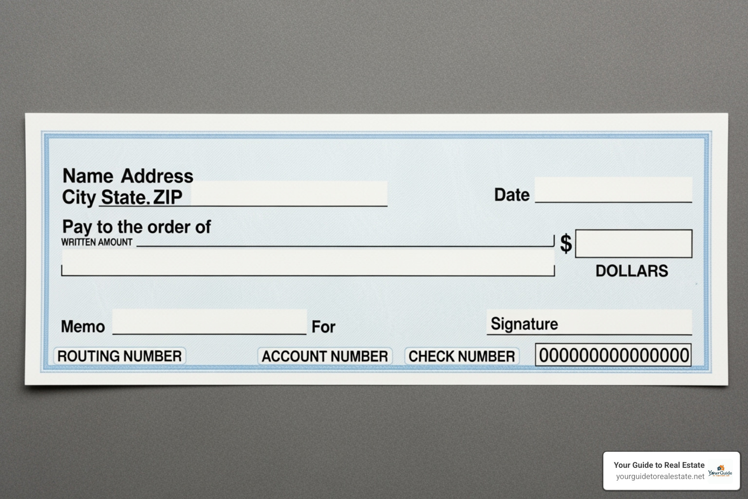 Annotated image of a blank check with each part labeled: personal information, date line, payee line, numerical amount box, written amount line, memo line, signature line, bank information (routing, account, check number) - how to write out a check
