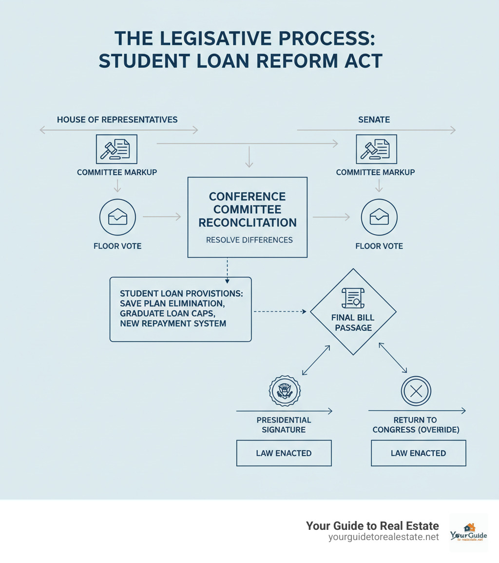 Detailed infographic showing the legislative process from House and Senate committee markup through floor votes, conference committee reconciliation, and final presidential signature or veto, with specific callouts for student loan provisions in reconciliation bills - student loans senate bill infographic 