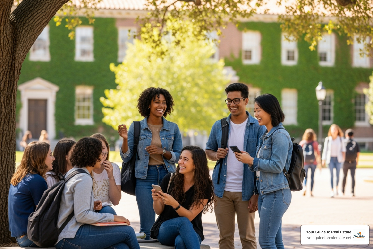 Diverse group of students on a college campus laughing and talking - student loans senate bill