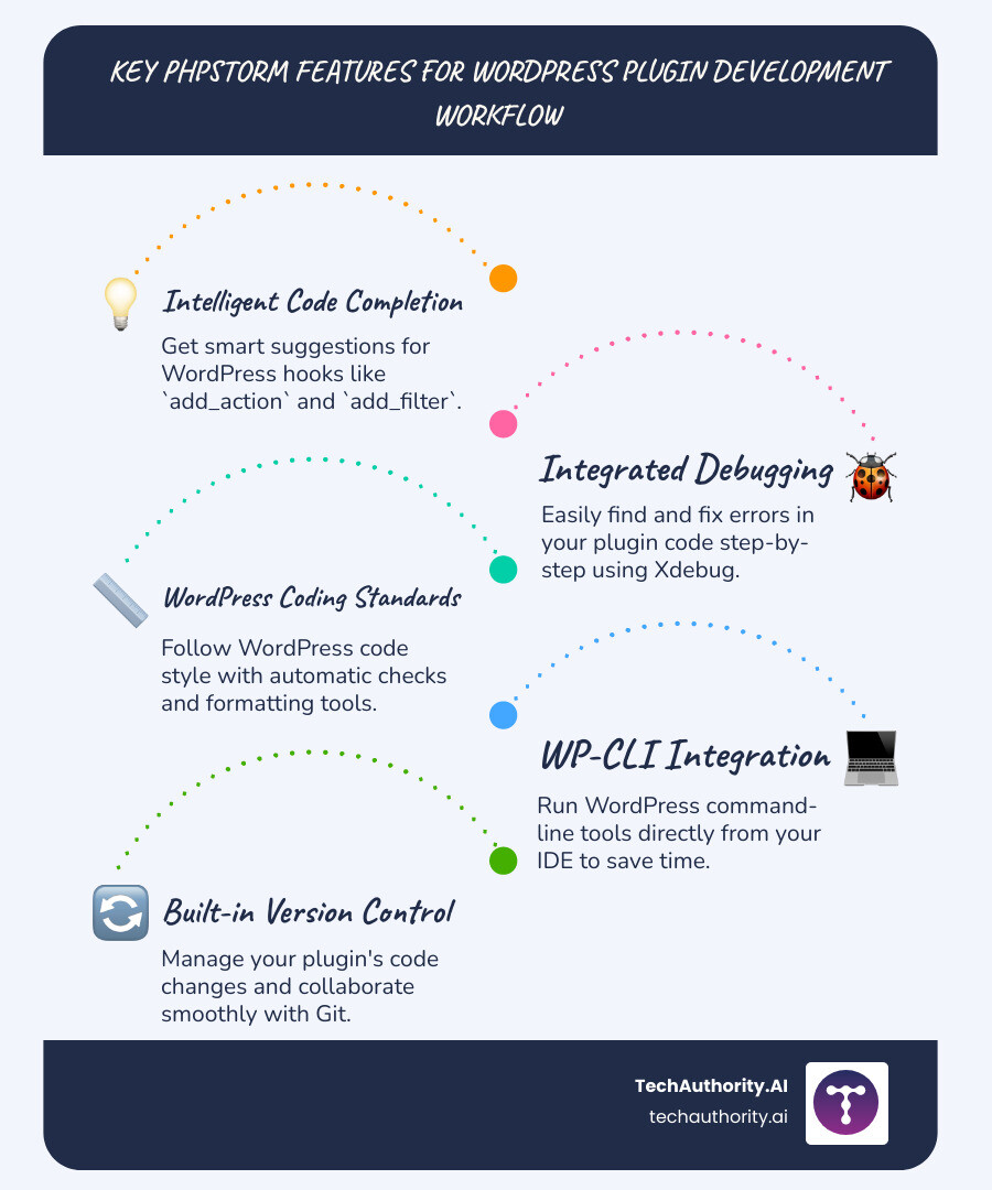 Infographic: Key PhpStorm Features for WordPress Plugin Development Workflow, showing intelligent code completion, integrated debugging, WordPress coding standards, WP-CLI integration, streamlined project setup, and built-in version control as core benefits for plugin developers. - phpstorm wordpress plugin development infographic infographic-line-5-steps-blues-accent_colors