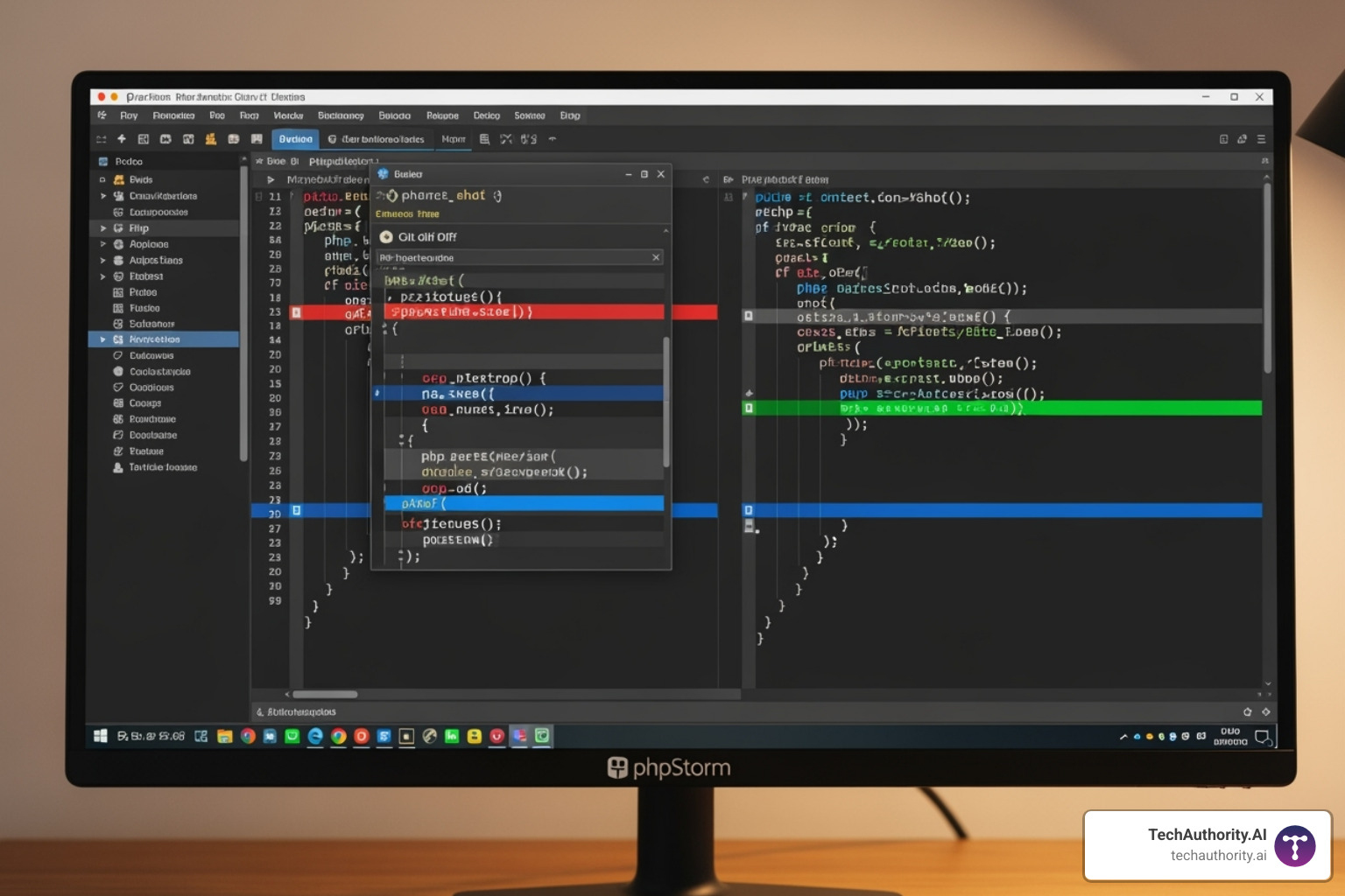 PhpStorm Git tool window showing a diff view - phpstorm wordpress plugin development
