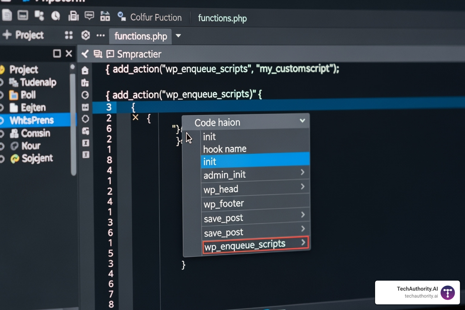 PhpStorm showing code completion for an add_action hook name - phpstorm wordpress plugin development