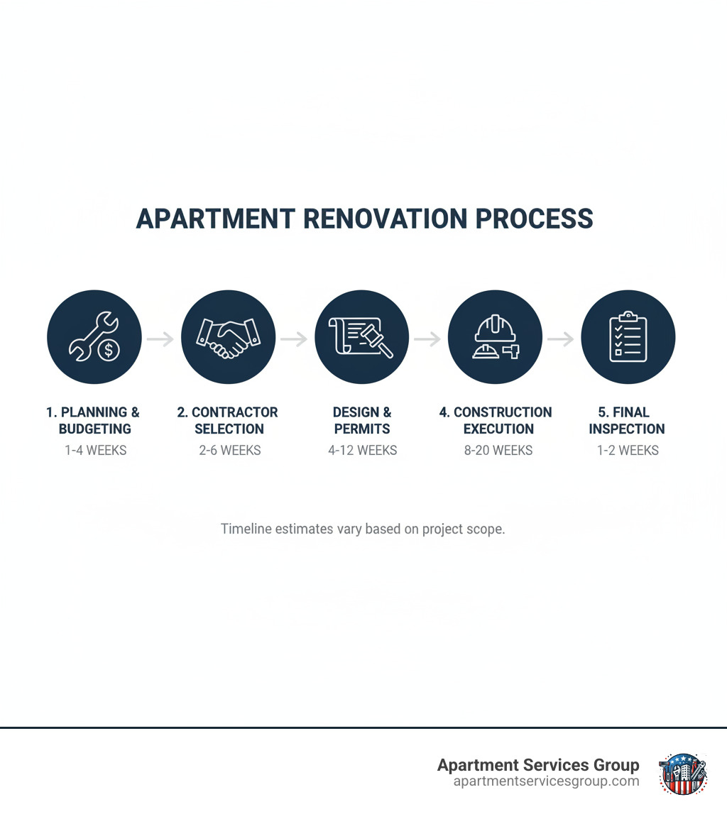 Step-by-step apartment renovation process infographic showing 5 key phases: planning and budgeting, contractor selection, design and permits, construction execution, and final inspection with timeline estimates for each phase - apartment renovation services infographic 