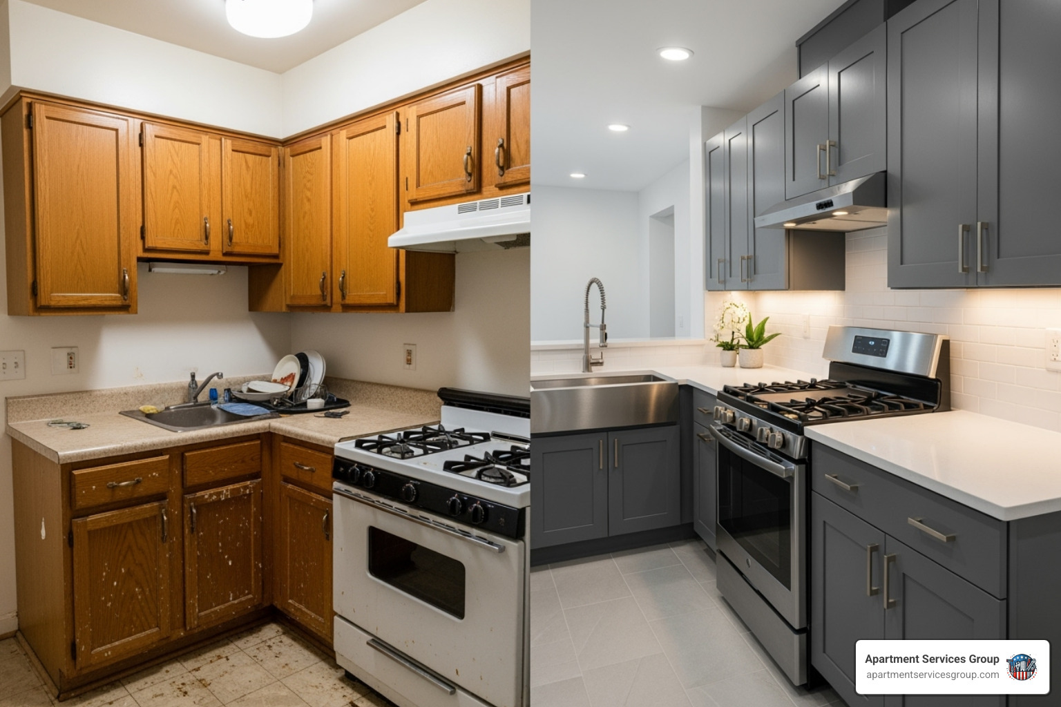 Before and after of a renovated apartment kitchen - apartment renovation services