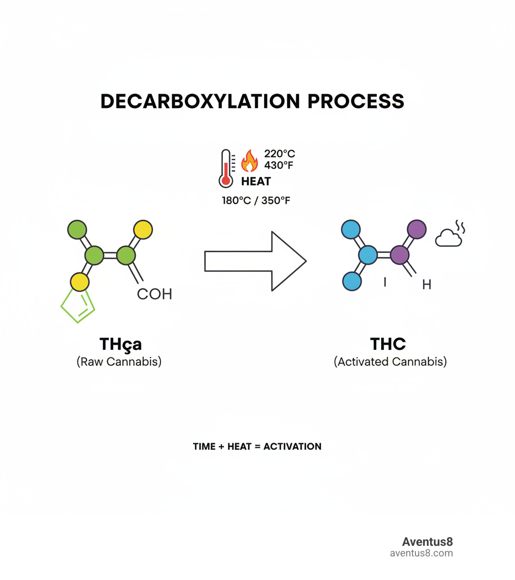Infographic showing the decarboxylation process: THCa molecule converting to THC when heated, with temperature indicators and molecular structure changes illustrated - best online store for potent thc-a flower infographic 