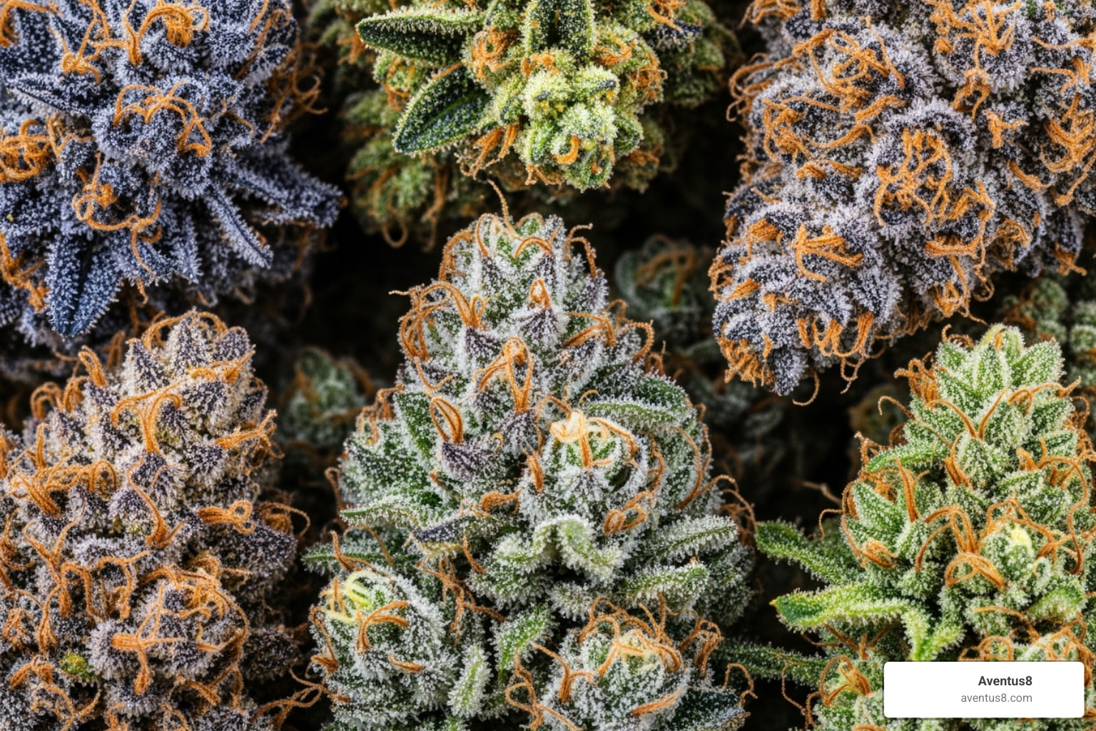 Close-up of various THCa flower strains, showing different colors and bud structures - best online store for potent thc-a flower