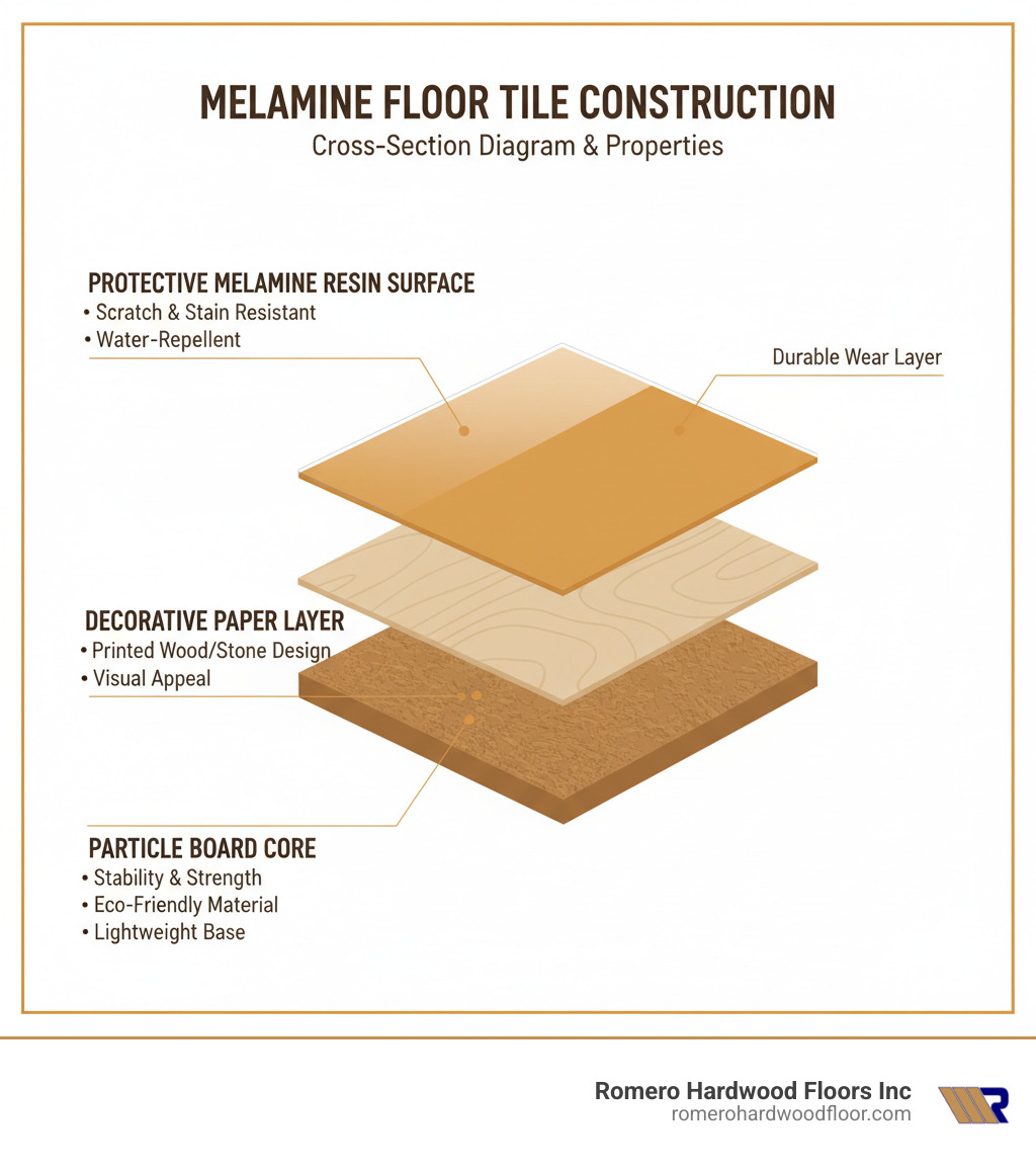 Detailed cross-section diagram of melamine floor tile construction showing particle board core, decorative paper layer, and protective melamine resin surface with labels for each component and their specific properties - melamine floor tile infographic 