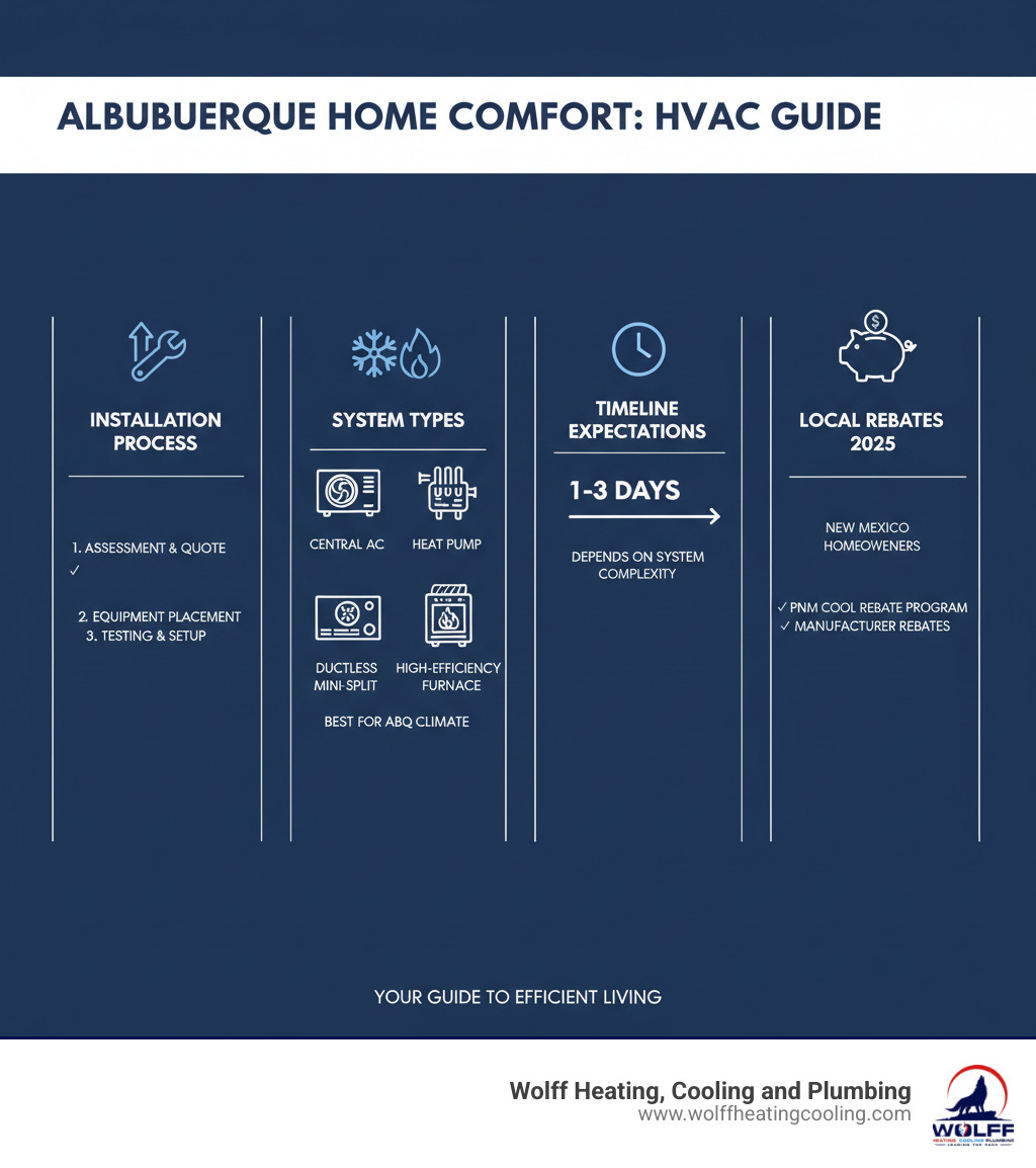 Comprehensive guide showing HVAC installation process, system types suitable for Albuquerque climate, timeline expectations, and local rebate opportunities available to New Mexico homeowners - hvac installation albuquerque infographic Comprehensive guide showing HVAC installation process, system types suitable for Albuquerque climate, timeline expectations, and local rebate opportunities available to New Mexico homeowners - hvac installation albuquerque infographic