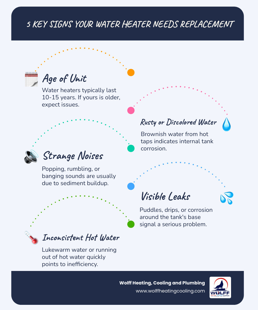 Infographic showing 5 key warning signs your water heater needs replacement: Age over 10-12 years, rusty or discolored water, strange popping or rumbling noises, visible leaks or corrosion around the base, and inconsistent water temperature or insufficient hot water supply - water heater installation albuquerque infographic infographic-line-5-steps-blues-accent_colors