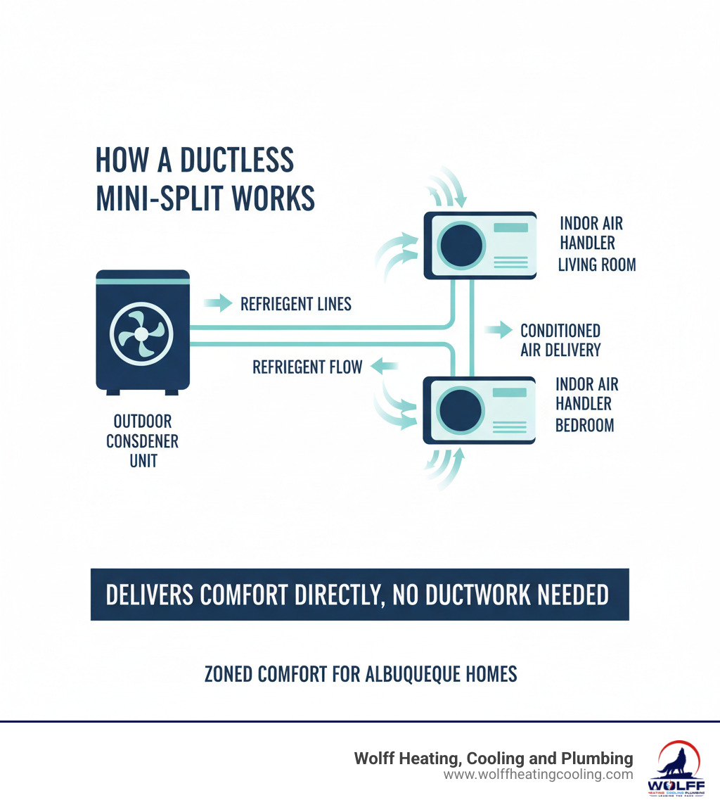 Infographic showing how a ductless mini-split system works with an outdoor condenser unit connected via refrigerant lines to indoor air handlers, demonstrating the flow of refrigerant and conditioned air delivery directly to living spaces without ductwork - mini split installation albuquerque infographic 
