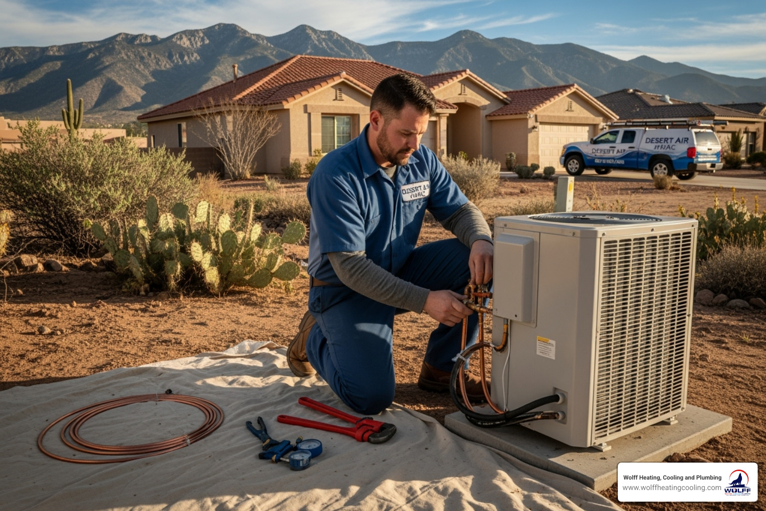 Technician professionally installing an outdoor unit - hvac installation albuquerque Technician professionally installing an outdoor unit - hvac installation albuquerque