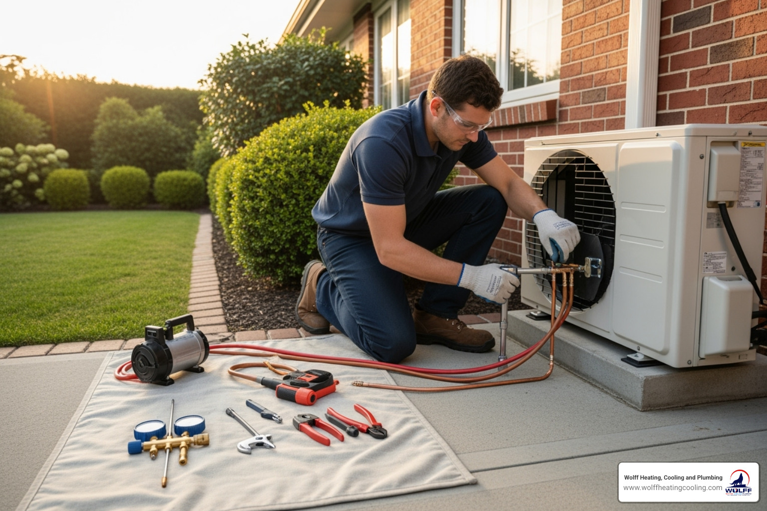 A trained technician carefully connecting refrigerant lines to an outdoor mini-split condenser unit - mini split installation albuquerque