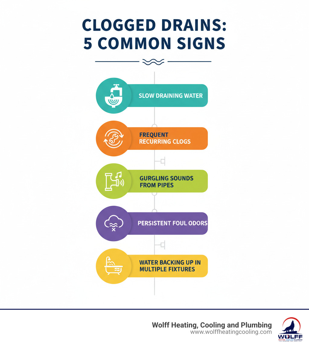 Infographic showing the 5 most common signs of clogged drains: slow draining water, frequent recurring clogs, gurgling sounds from pipes, persistent foul odors, and water backing up in multiple fixtures - drain cleaning rio rancho infographic 