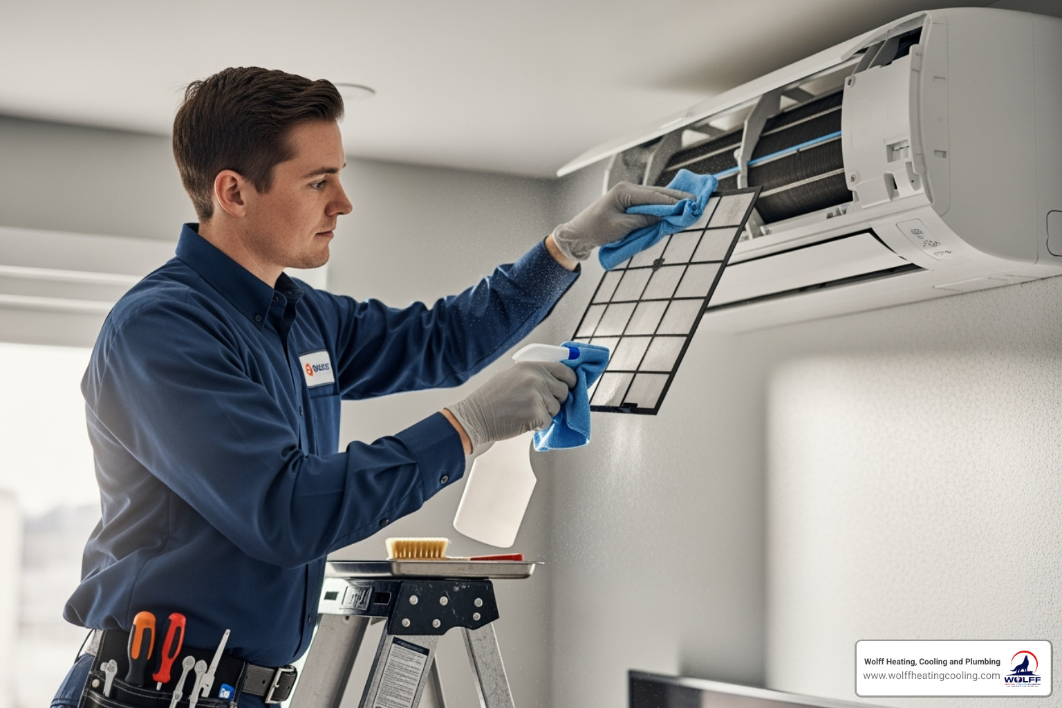 A technician carefully cleaning the filter of an indoor mini-split unit to ensure optimal airflow and efficiency - mini split installation albuquerque