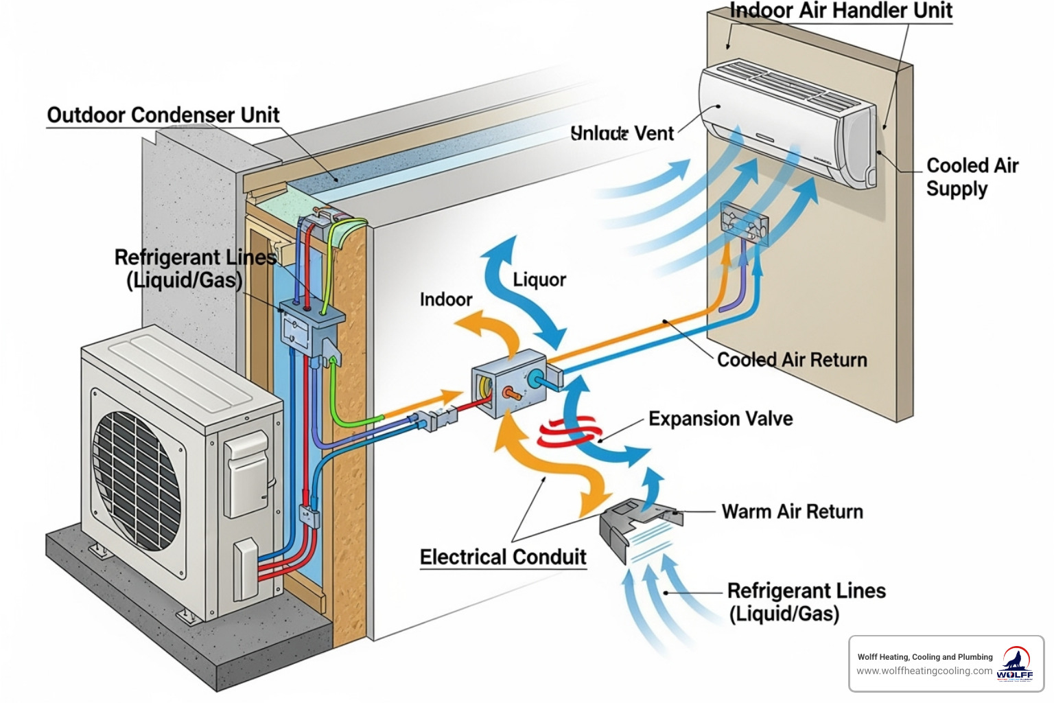 Diagram showing the outdoor condenser unit, indoor air handler unit, and the conduit connecting them, with arrows indicating refrigerant flow and conditioned air distribution - mini split installation albuquerque