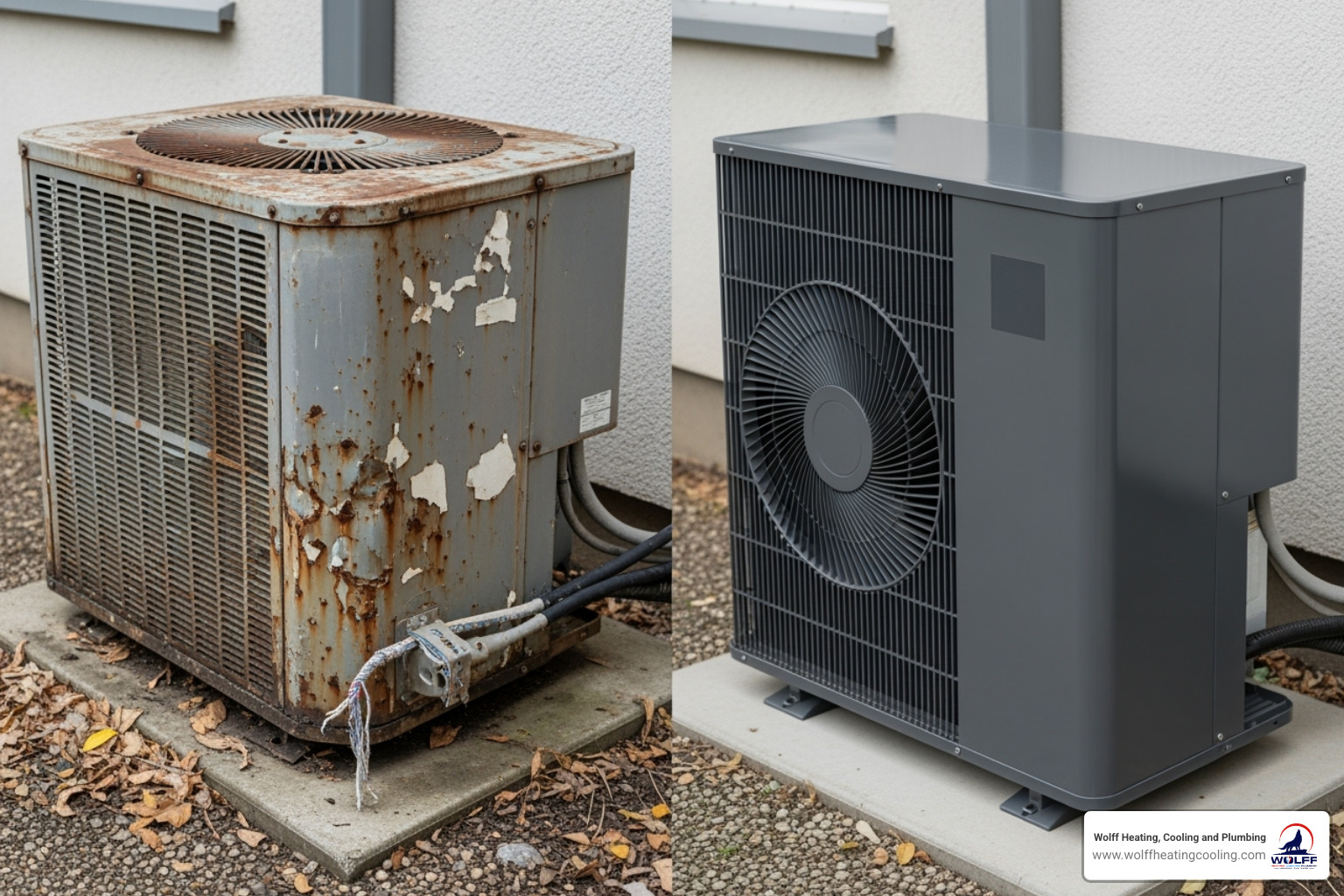 An old, weathered outdoor AC unit sits next to a sleek, modern new AC unit, symbolizing an upgrade. - air conditioning replacement albuquerque