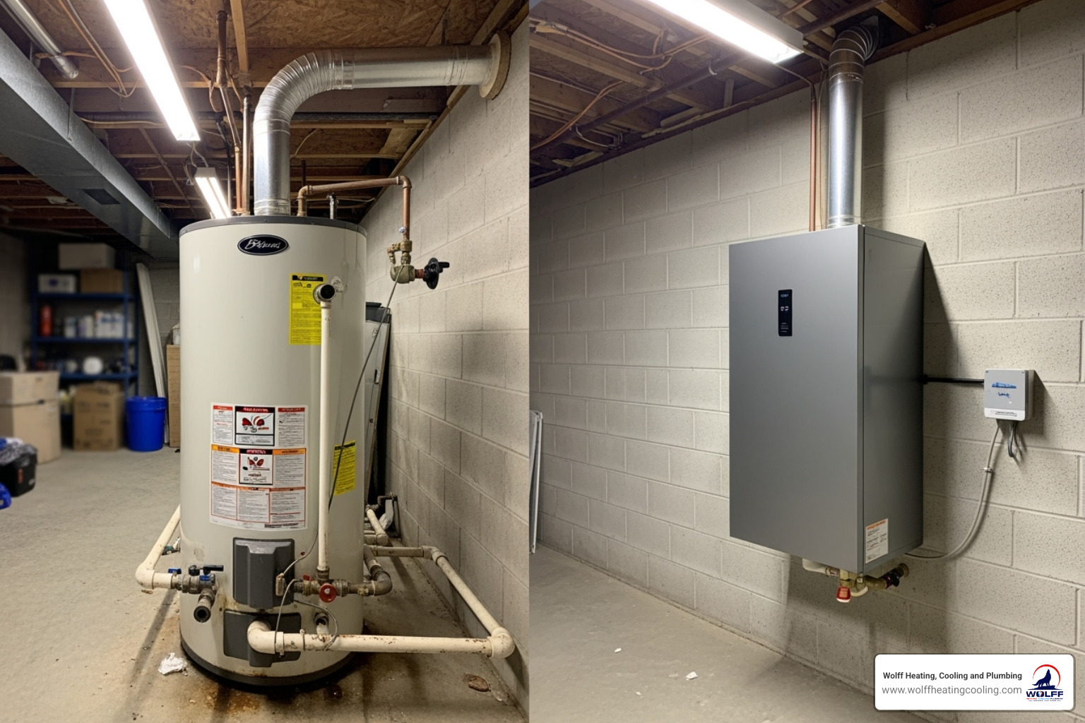 Tank vs. Tankless water heater comparison showing traditional tank unit next to compact wall-mounted tankless model