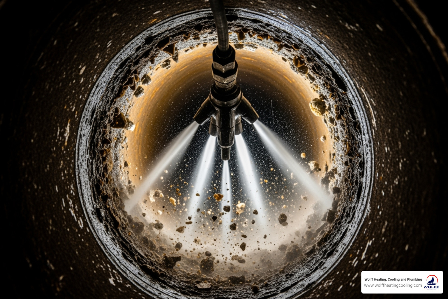 hydro jetting nozzle spraying high-pressure water inside a pipe - drain cleaning rio rancho