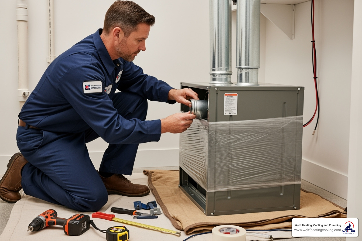 A professional HVAC technician is carefully installing a new indoor air handler, showcasing careful and clean work. - air conditioning replacement albuquerque