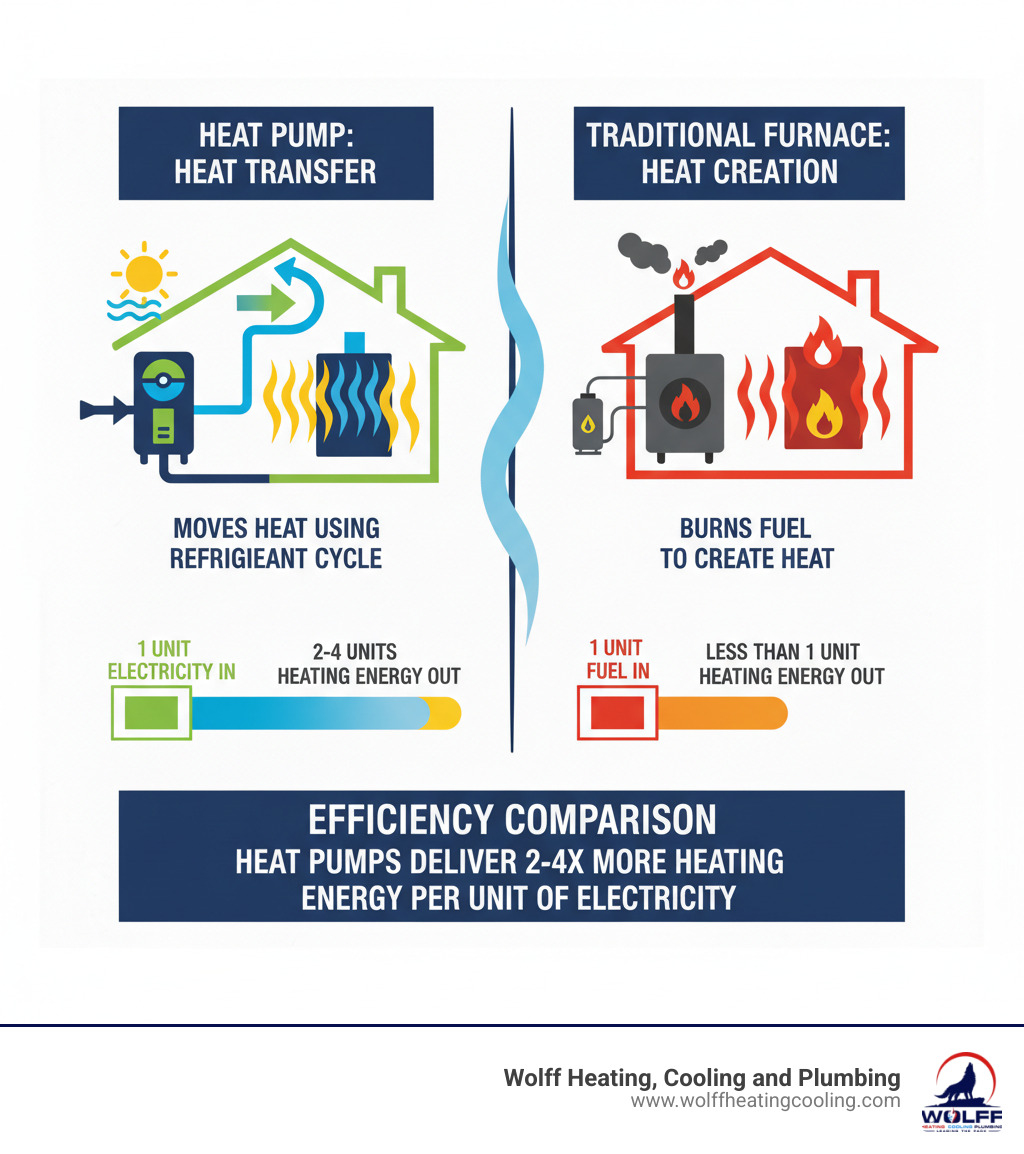 Infographic showing how heat pumps transfer heat using refrigerant cycle versus traditional furnaces that burn fuel to create heat, with efficiency comparison showing heat pumps delivering 2-4x more heating energy per unit of electricity consumed - high efficiency heat pump albuquerque infographic Infographic showing how heat pumps transfer heat using refrigerant cycle versus traditional furnaces that burn fuel to create heat, with efficiency comparison showing heat pumps delivering 2-4x more heating energy per unit of electricity consumed - high efficiency heat pump albuquerque infographic