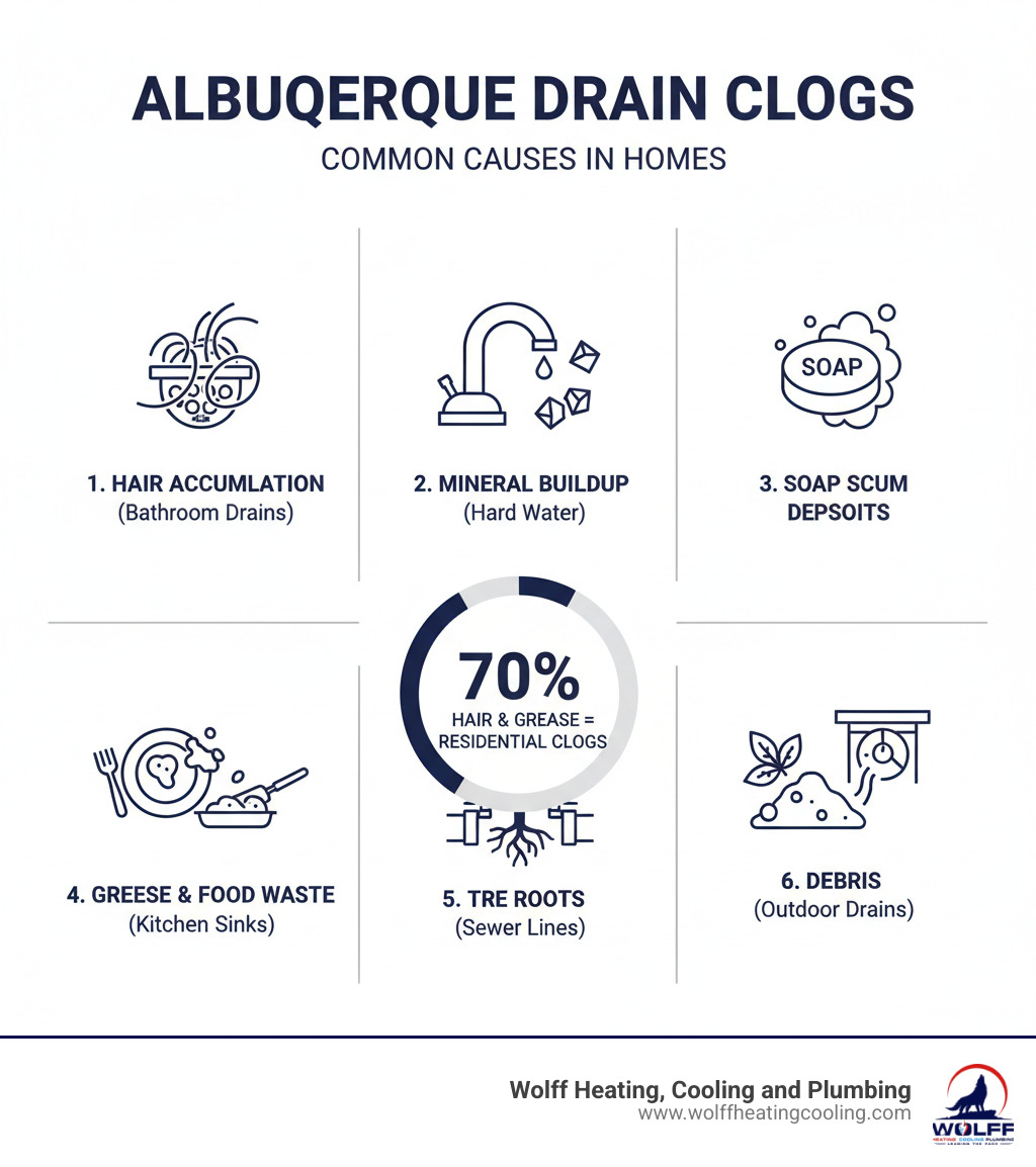 Infographic showing common causes of drain clogs in Albuquerque homes including hair accumulation in bathroom drains, grease and food waste in kitchen sinks, mineral buildup from hard water, soap scum deposits, tree roots in sewer lines, and debris in outdoor drains, with statistics showing hair and grease account for 70% of residential clogs - drain cleaning albuquerque nm infographic 