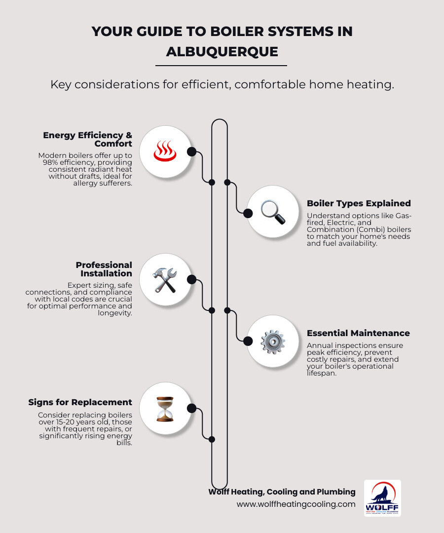 Comprehensive guide showing boiler system components, installation steps from assessment to final testing, maintenance schedule, and energy efficiency ratings comparison between different boiler types - boiler installation albuquerque nm infographic infographic-line-5-steps-neat_beige