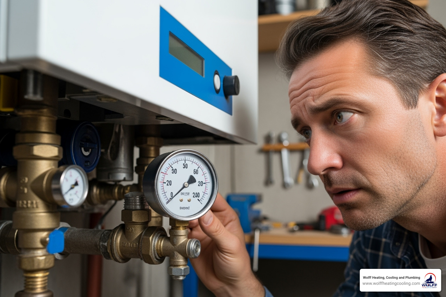 homeowner looking at boiler pressure gauge - boiler installation albuquerque nm
