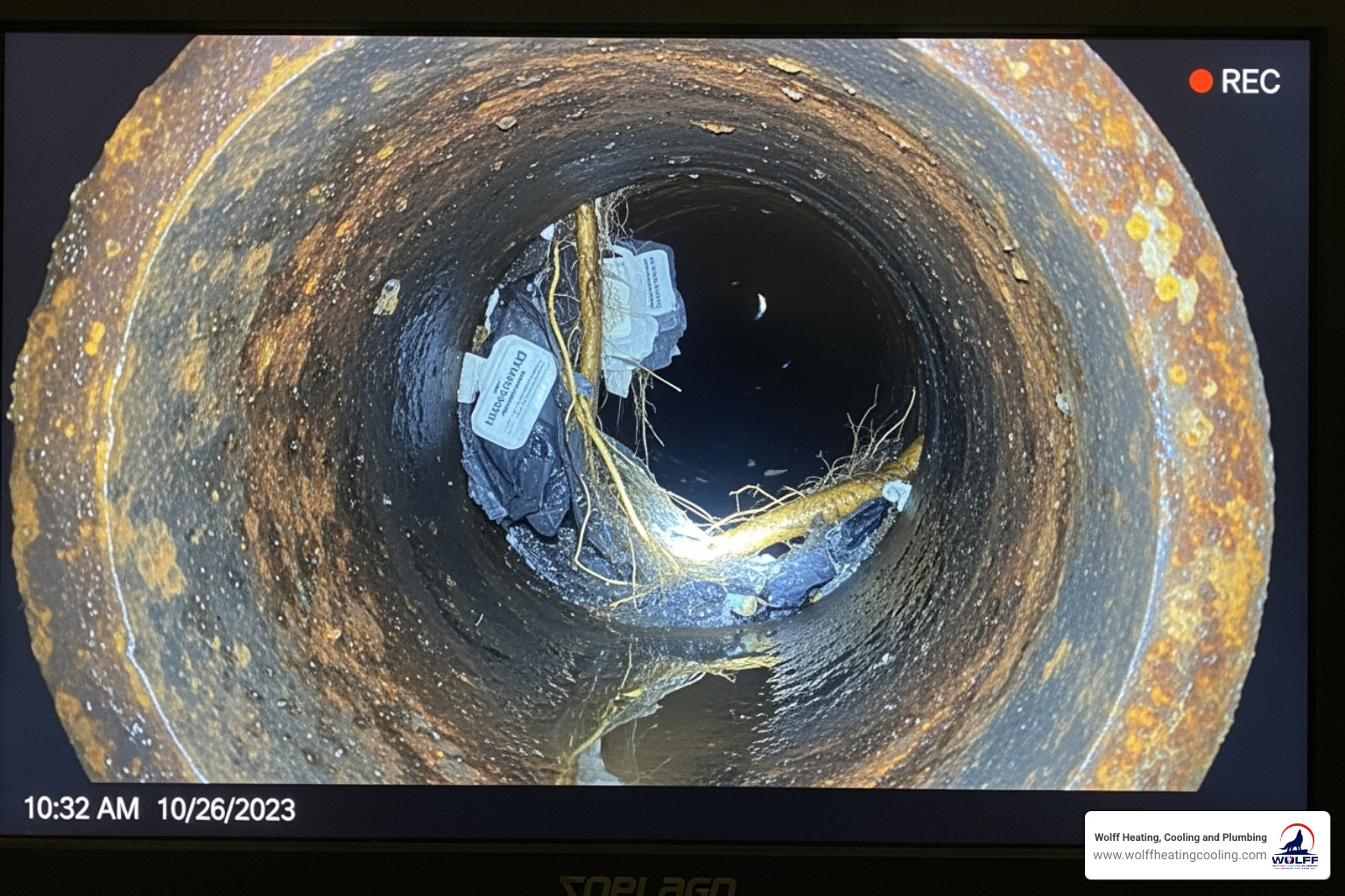 a video camera inspection screen showing a pipe interior - drain cleaning albuquerque nm