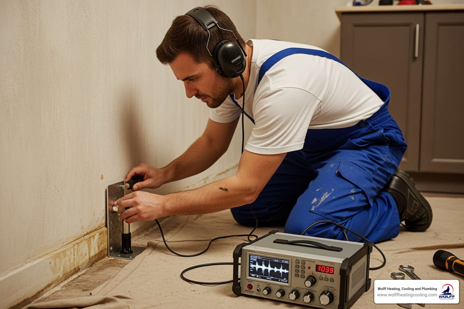 of a plumber using acoustic listening equipment near a wall - leak detection albuquerque