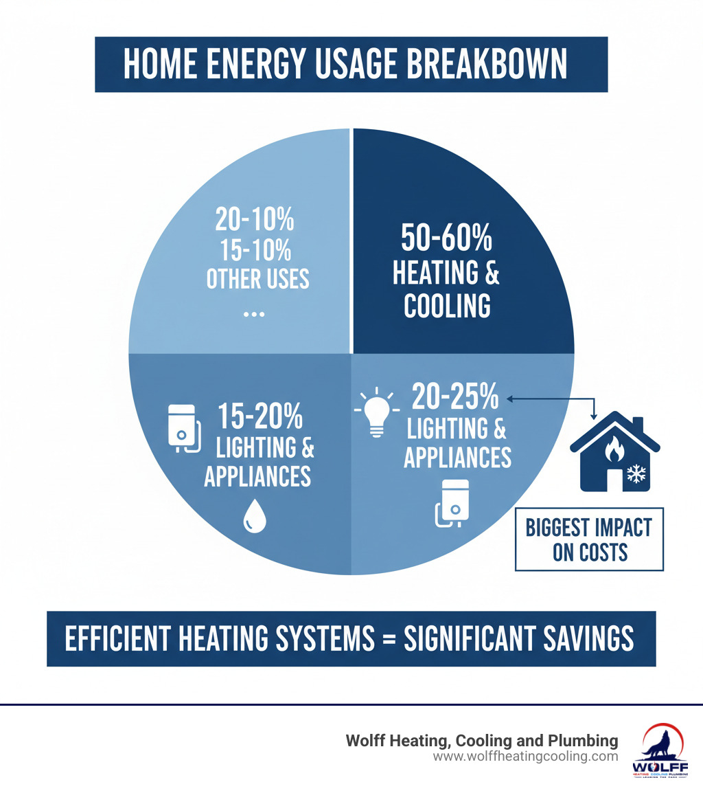 Infographic showing typical home energy usage breakdown with heating and cooling representing 50-60% of total energy consumption, water heating at 15-20%, lighting and appliances at 20-25%, and other uses at 5-10%, highlighting the significant impact efficient heating systems can have on overall energy costs - efficient heating system albuquerque nm infographic 