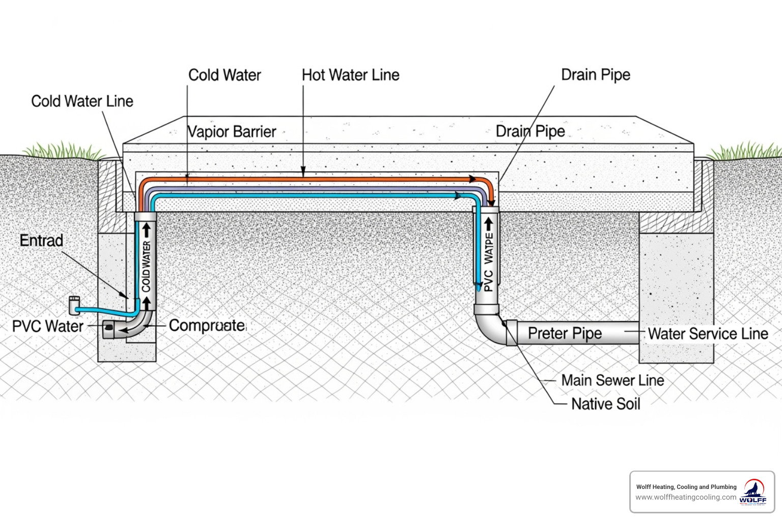 of a diagram showing pipes running underneath a home's concrete slab foundation - leak detection albuquerque