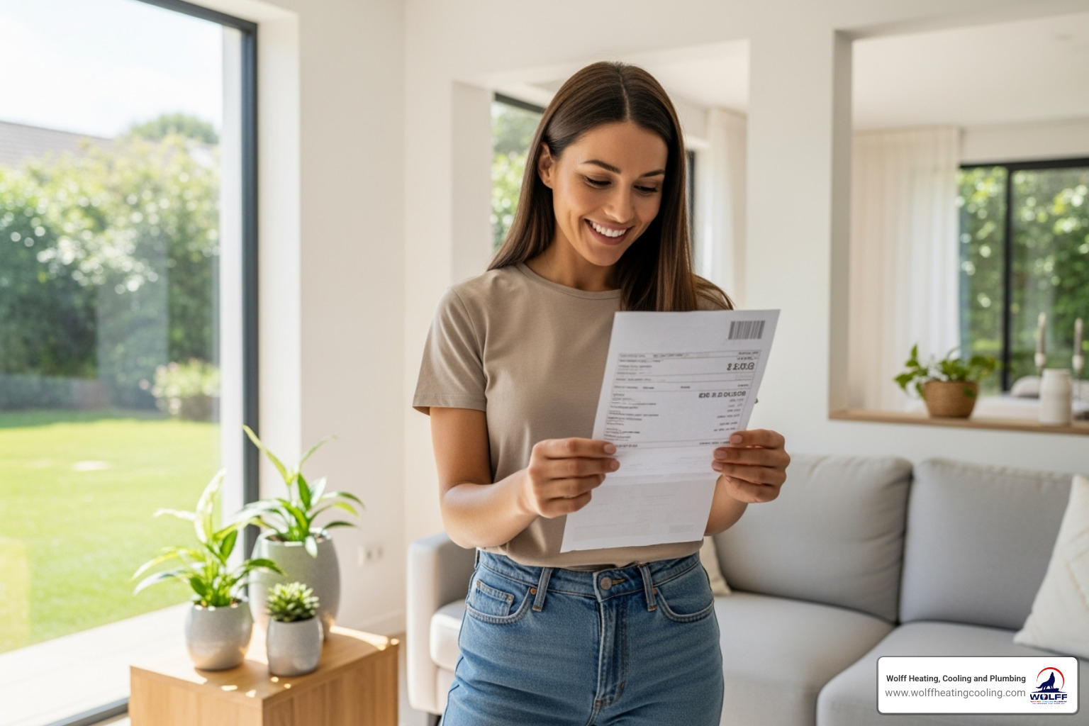Homeowner happily reviewing their significantly reduced utility bill - efficient heating system albuquerque nm