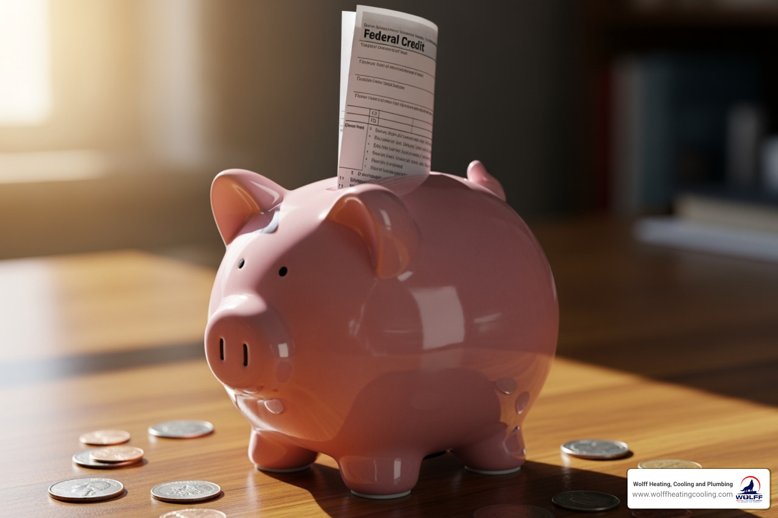 A piggy bank with a federal tax credit form emerging from it, symbolizing savings and financial incentives - efficient heating system albuquerque nm