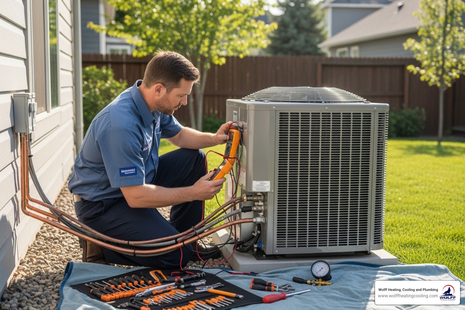 A professional HVAC technician performing a thorough system check on an outdoor heat pump unit - efficient heating system albuquerque nm