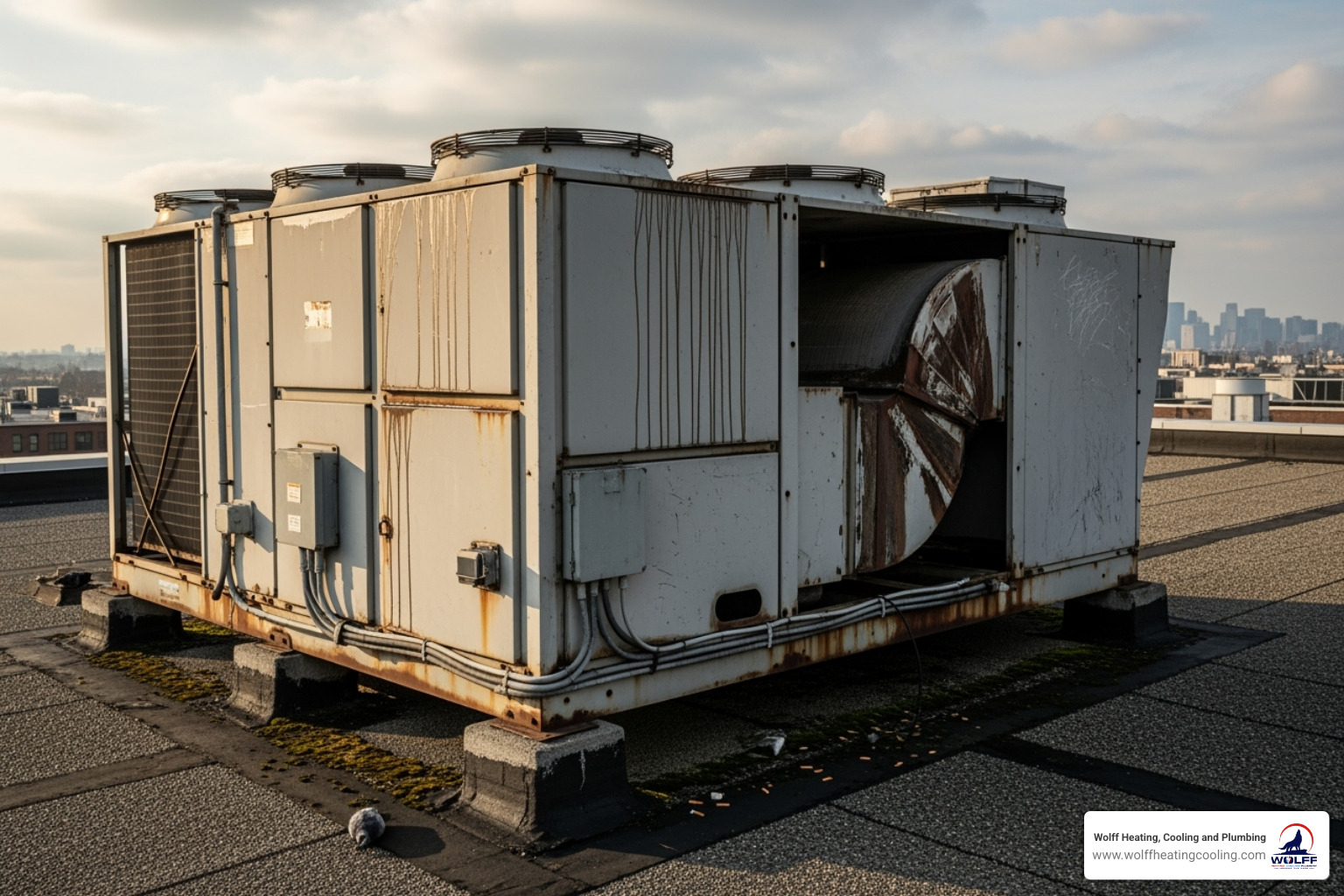older, worn-out HVAC unit on a commercial rooftop - commercial hvac albuquerque