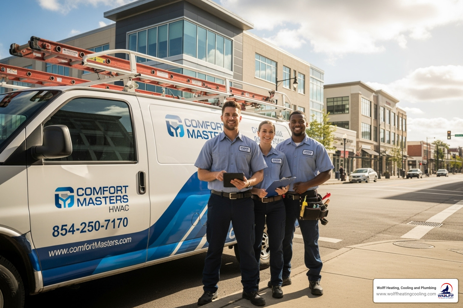 professional HVAC team standing by a branded service vehicle - commercial hvac albuquerque
