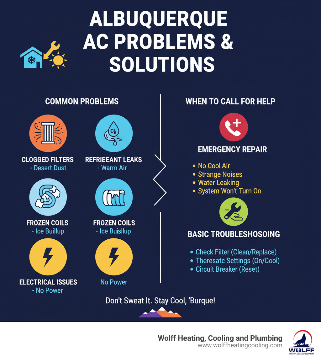 Comprehensive guide showing common AC problems in Albuquerque including clogged filters from desert dust, refrigerant leaks, frozen coils, electrical issues, and when to call for emergency repair versus attempting basic troubleshooting steps - ac repair albuquerque infographic 