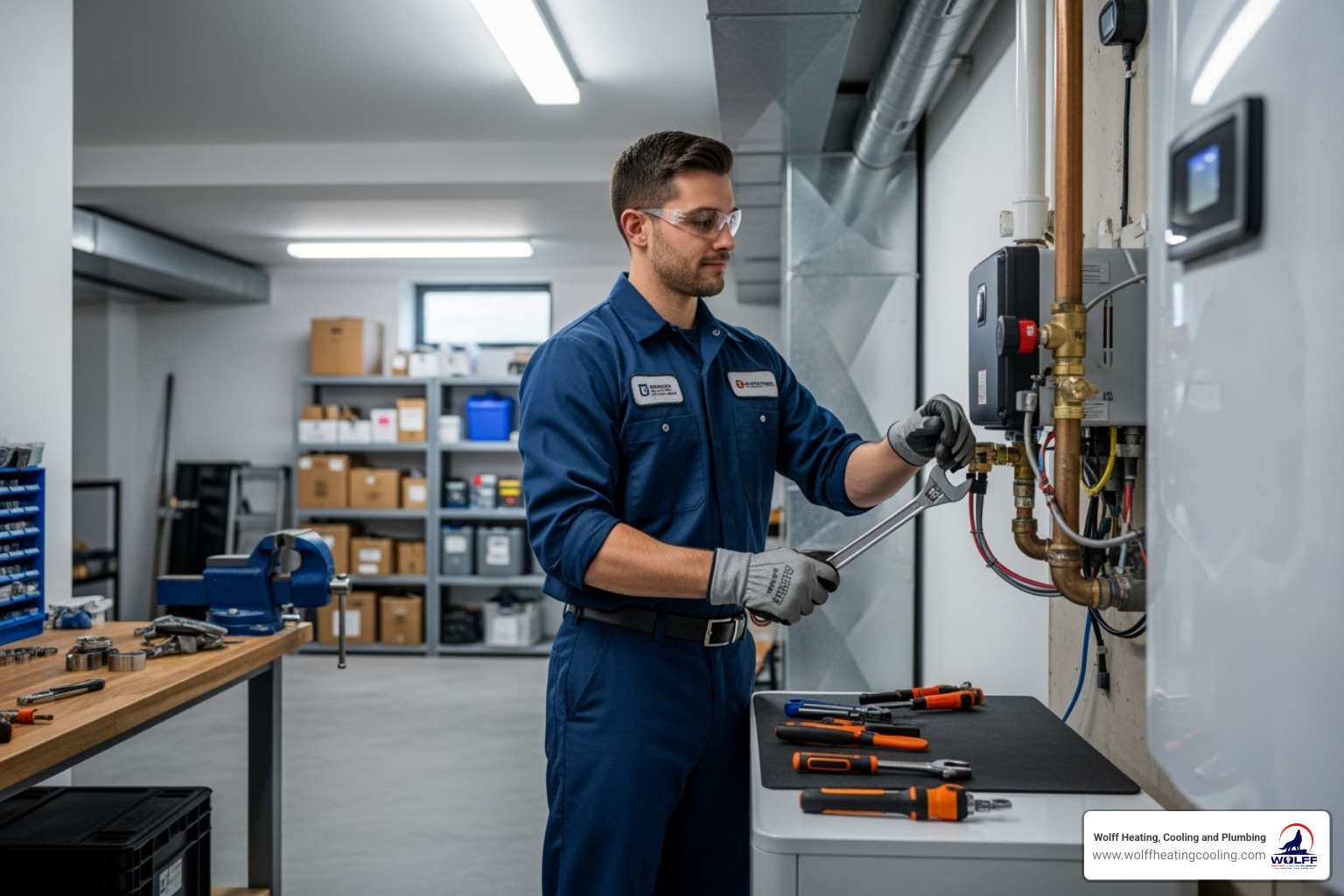 A professional HVAC technician confidently working on a heating system in a clean, well-maintained basement - emergency hvac albuquerque