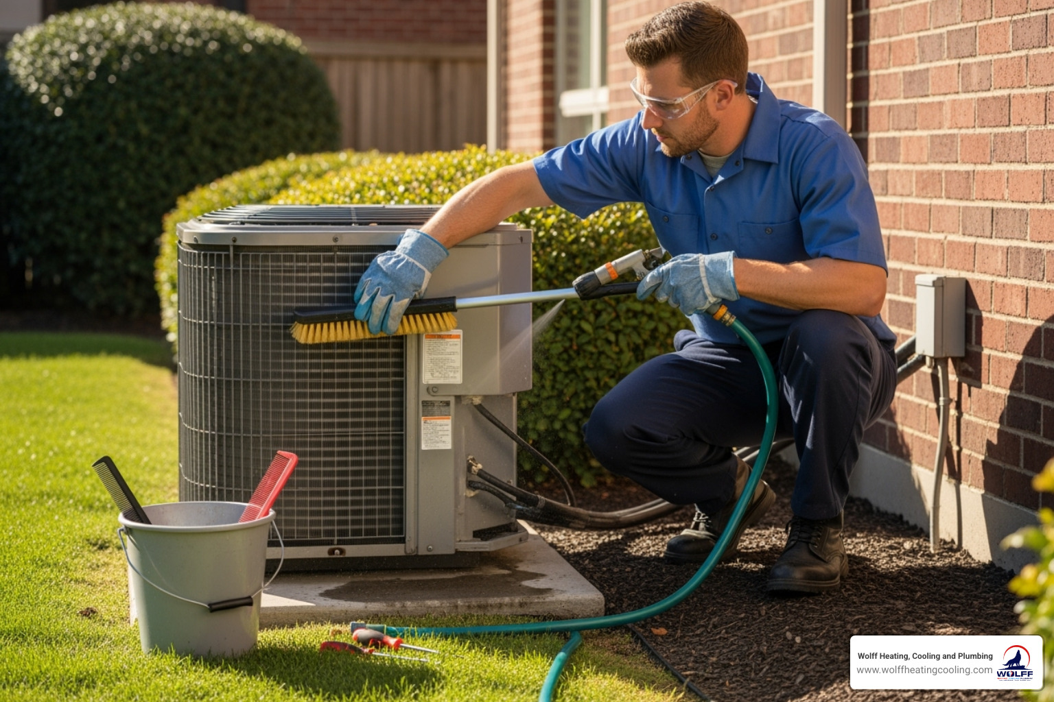 technician cleaning an outdoor AC condenser unit - ac maintenance albuquerque nm