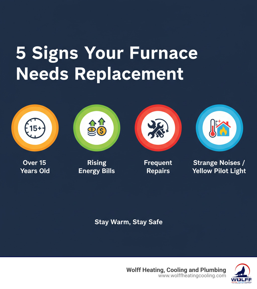 Infographic showing the top 5 signs your furnace needs replacement: furnace age over 15 years, rising energy bills, frequent repairs, uneven heating throughout home, and strange noises or yellow pilot light - furnace installation albuquerque infographic Infographic showing the top 5 signs your furnace needs replacement: furnace age over 15 years, rising energy bills, frequent repairs, uneven heating throughout home, and strange noises or yellow pilot light - furnace installation albuquerque infographic