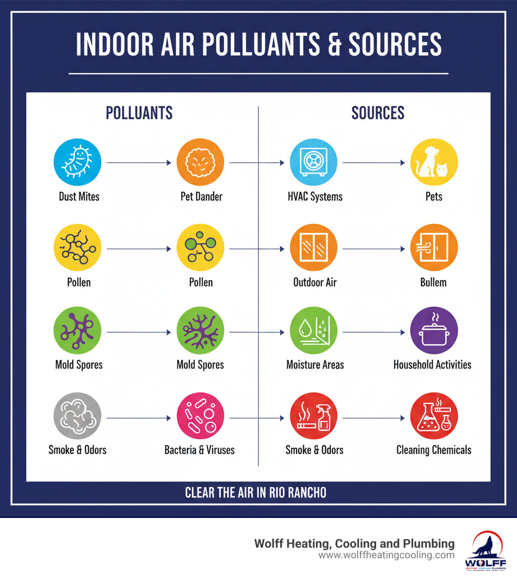 Infographic showing common indoor air pollutants including dust mites, pet dander, pollen, mold spores, bacteria, viruses, cooking odors, cleaning chemicals, and smoke particles, with their typical sources like HVAC systems, pets, outdoor air, moisture areas, and household activities - air purifier installation rio rancho infographic Infographic showing common indoor air pollutants including dust mites, pet dander, pollen, mold spores, bacteria, viruses, cooking odors, cleaning chemicals, and smoke particles, with their typical sources like HVAC systems, pets, outdoor air, moisture areas, and household activities - air purifier installation rio rancho infographic