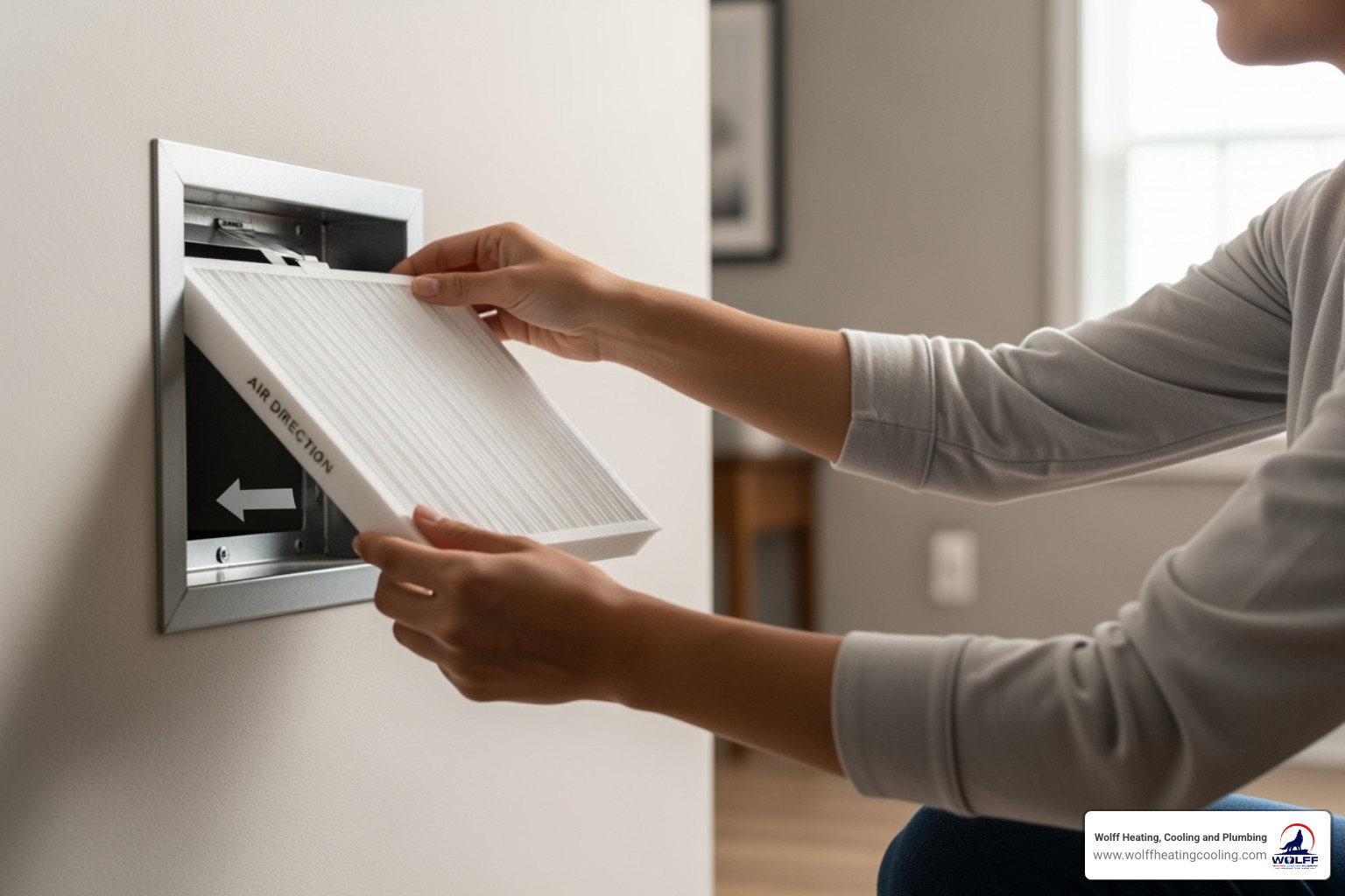 homeowner easily sliding a new, clean air filter into a return vent - ac maintenance albuquerque nm