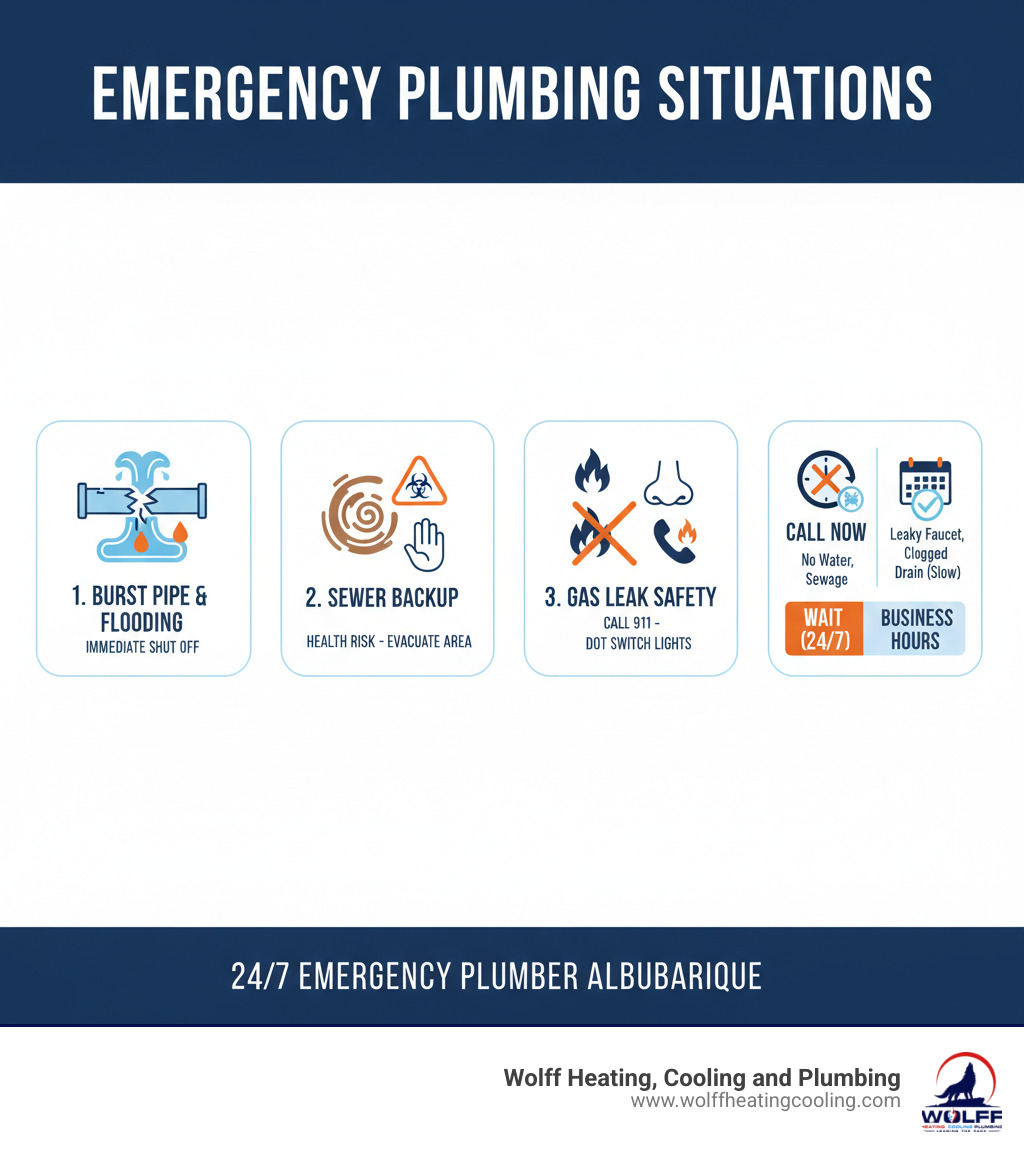 Infographic showing emergency plumbing situations: burst pipe causing flooding, sewer backup with warning signs, gas leak safety steps, and when to call vs. wait for normal business hours - emergency plumber albuquerque infographic 
