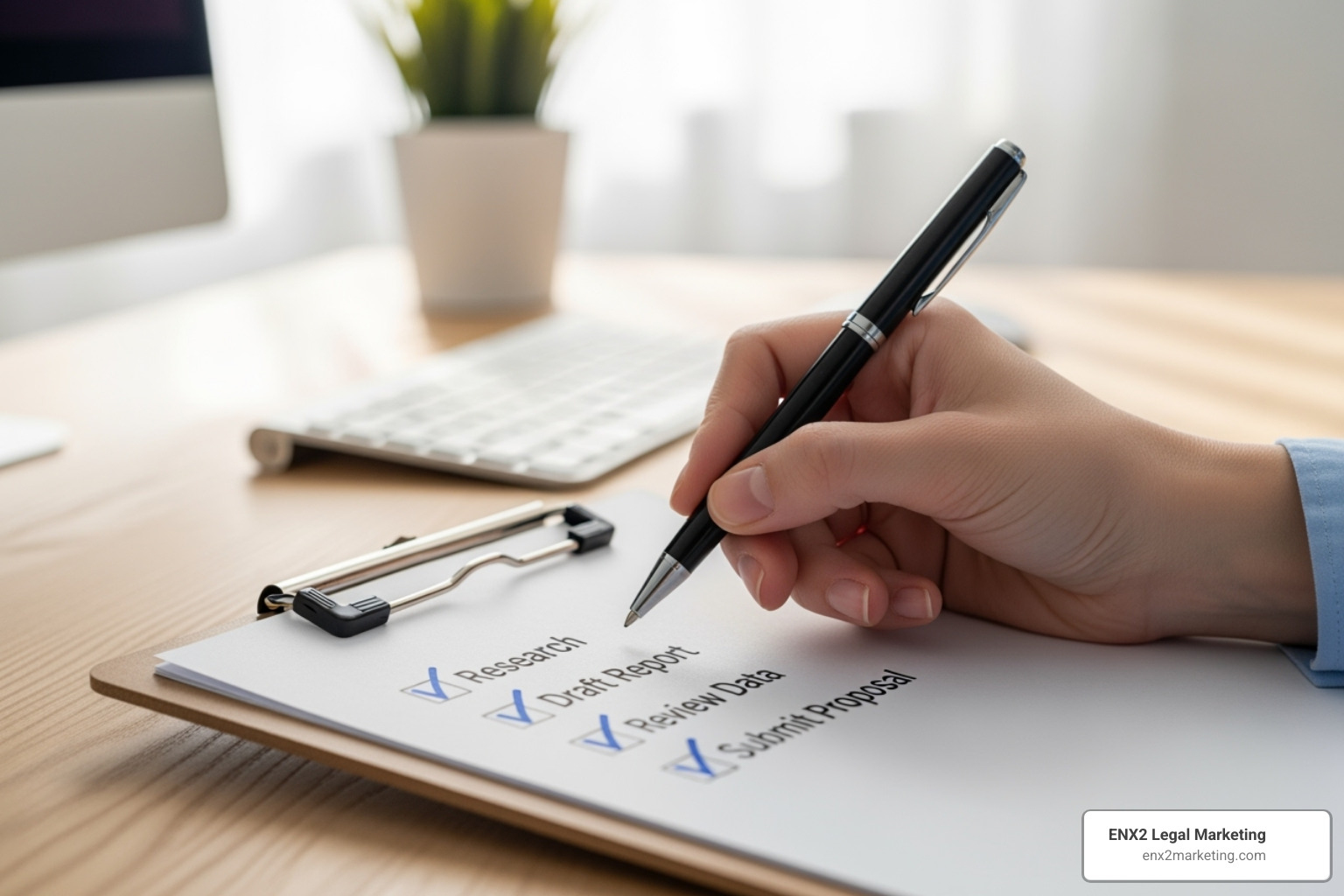 checklist with items like "Case Studies" and "Transparency" ticked - Legal SEO company