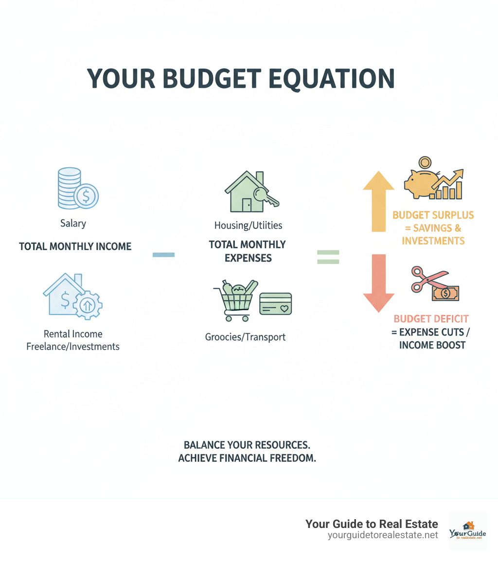 Comprehensive infographic showing the budget equation: Total Monthly Income minus Total Monthly Expenses equals either Budget Surplus for Savings/Investments or Budget Deficit requiring expense cuts or income increases, with visual representations of income sources, expense categories, and financial goals - a is a plan in which an individual balances available resources and expenses infographic 