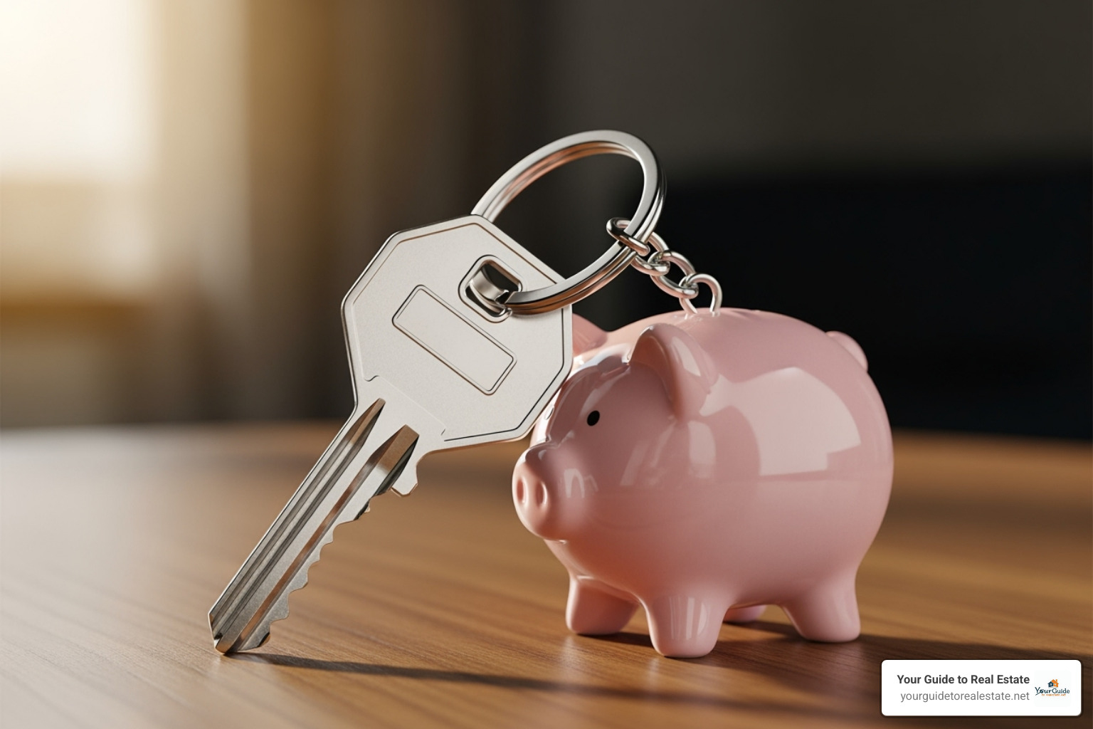 House key with a keychain shaped like a piggy bank, symbolizing saving for a home - a is a plan in which an individual balances available resources and expenses