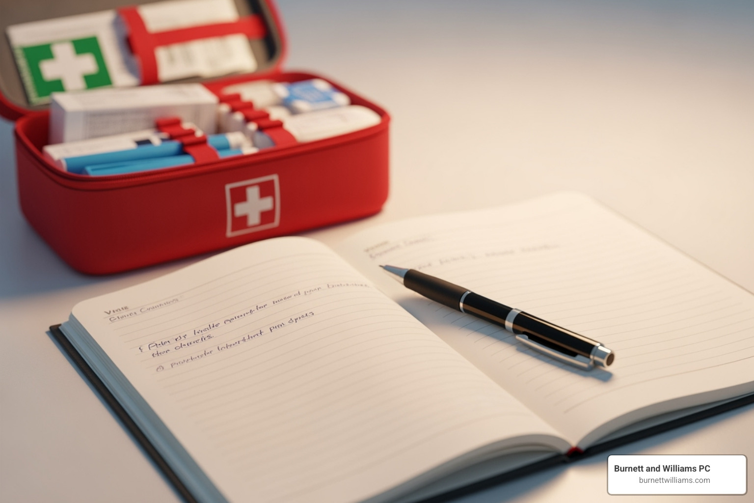 first-aid kit and a notepad for documentation - Dog bite law firm